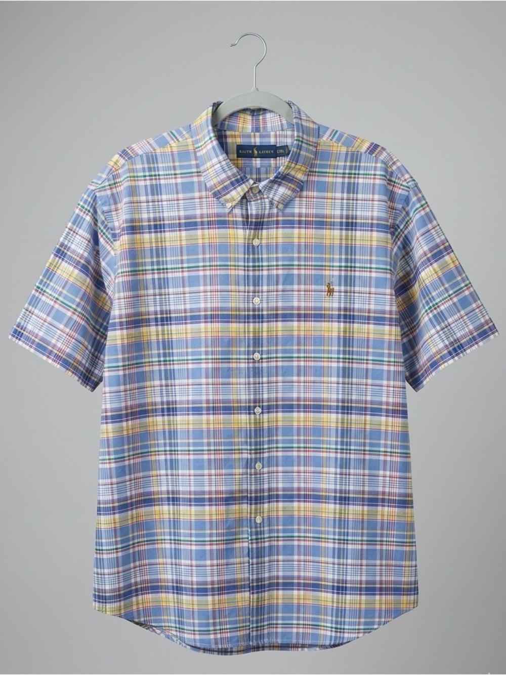 Ralph Lauren Short-Sleeve Plaid Button-Down Shirt pastel Blue, Yellow & White
